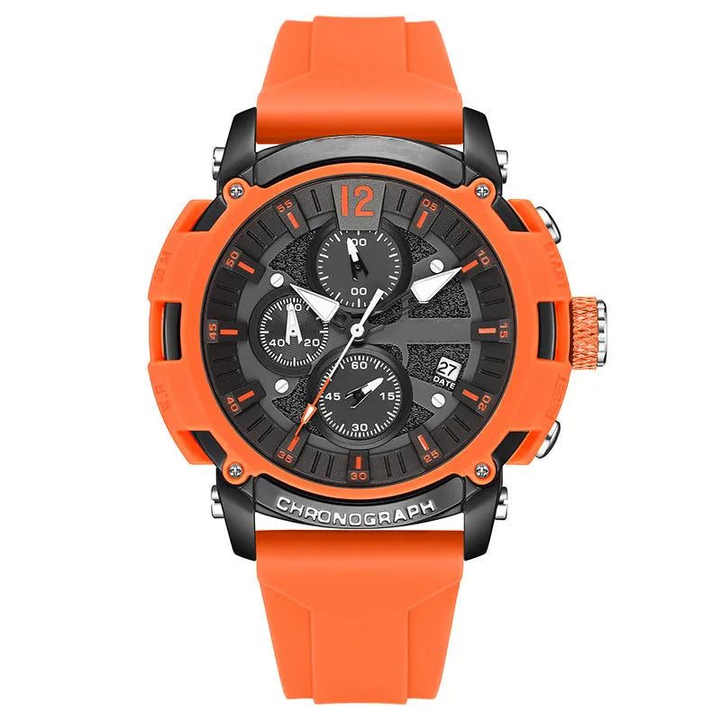 Men's large face black quartz watch with luminous hands and calendar display on a 24mm wide band.