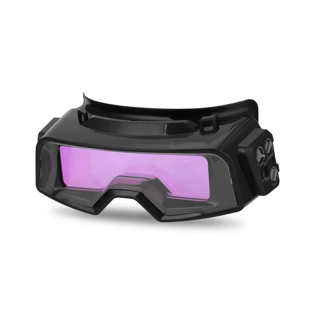 Black automatic darkening welding mask goggles with a wide rectangular lens.