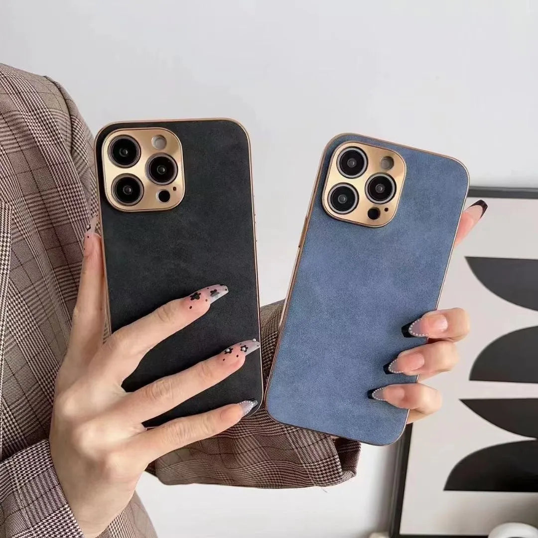 Leather texture TPU phone case for iPhone in solid grey, black, grey-green, and blue colours