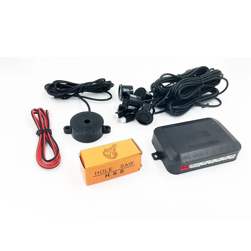 4-probe screen-less buzzer reversing radar system with sensors, control module, and hole saw for car installation