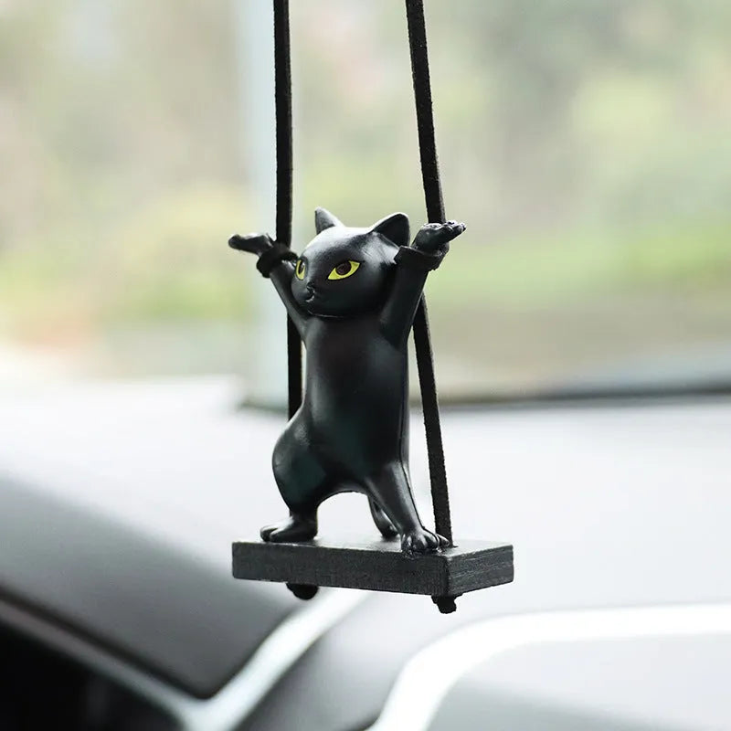 Cartoon-style resin cat pendant for car interior with adjustable rope