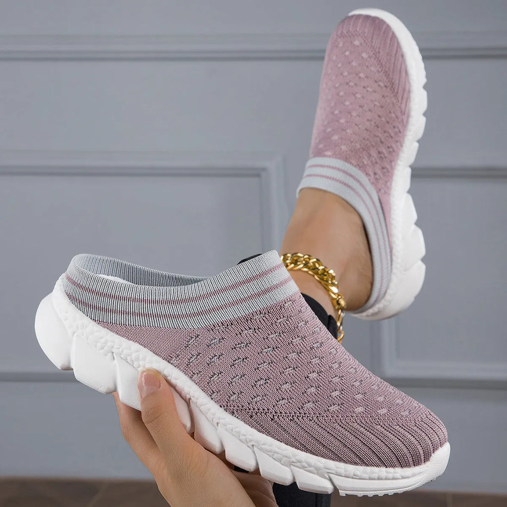 Women's Flyknit sports slipper shoes in striped pattern with height increasing sole
