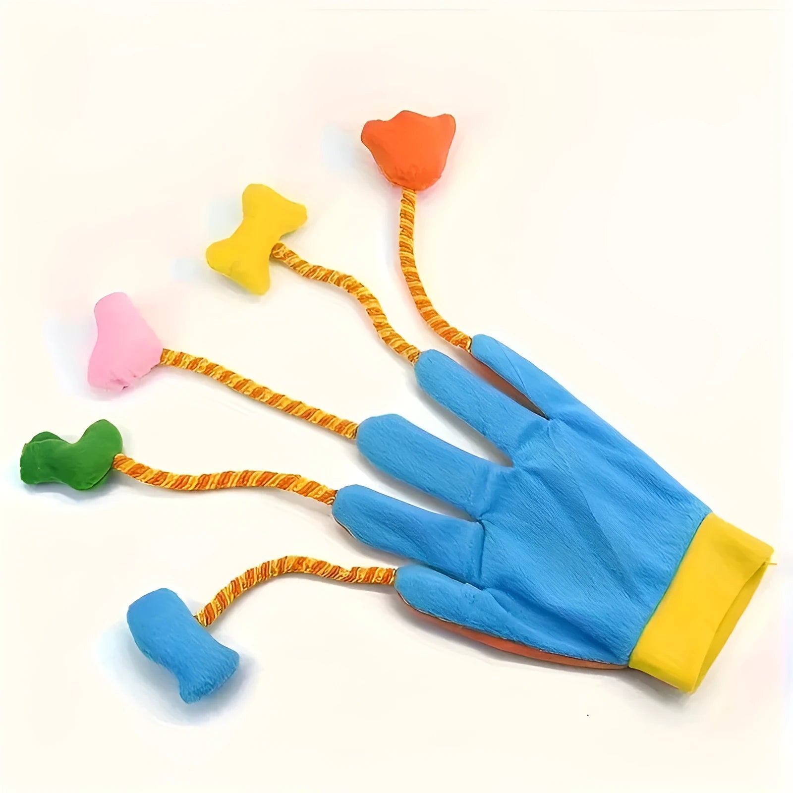 Yellow and blue plush cat toy with magic glove attachment and integrated bell, shown next to measurement scale