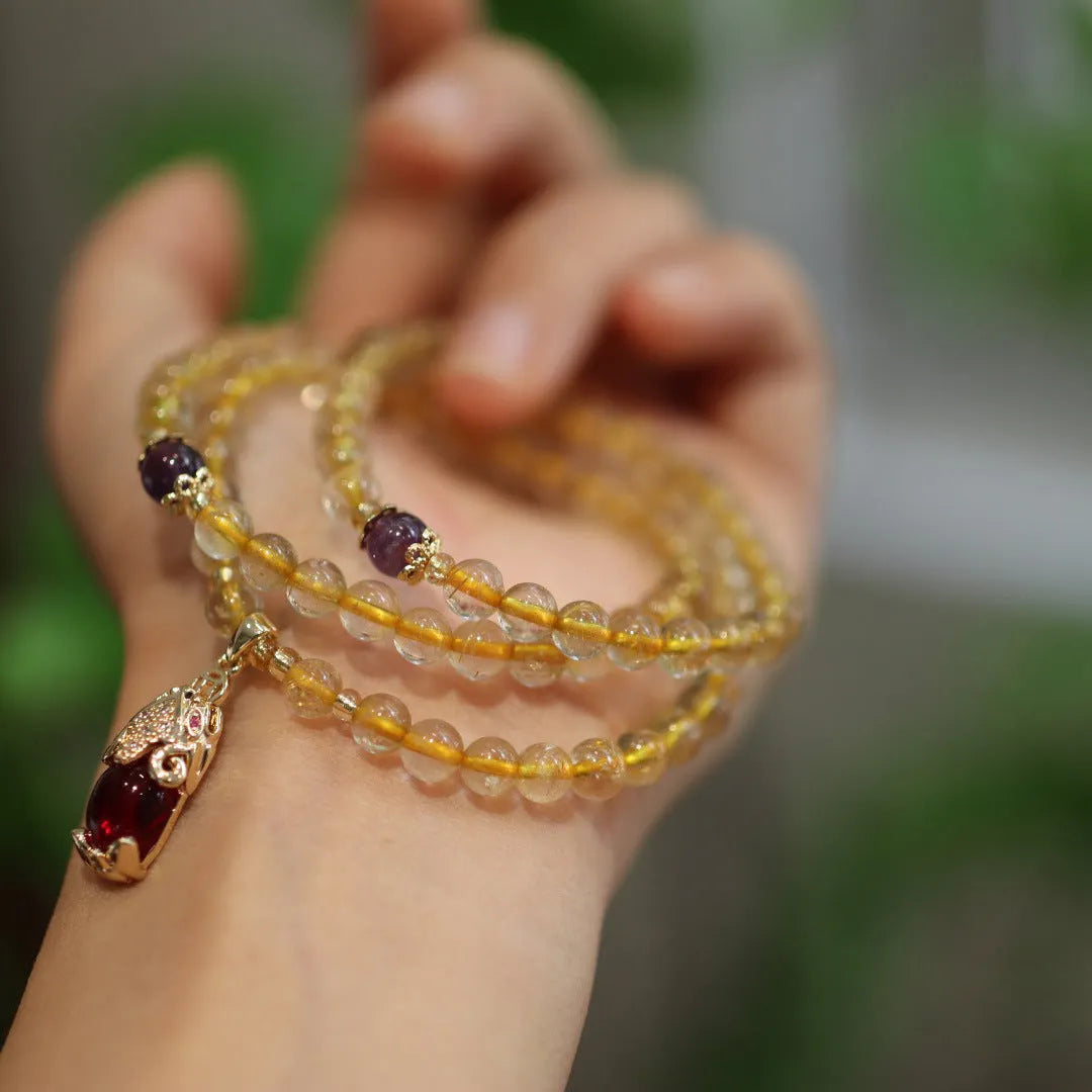 Natural Brazilian gold rutilated quartz bracelet with three circles and chopstick pendants in Chinese style
