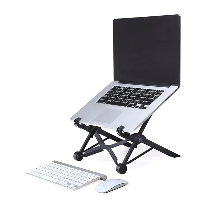 Sagacious black folding laptop stand with carrying case, shown open and closed
