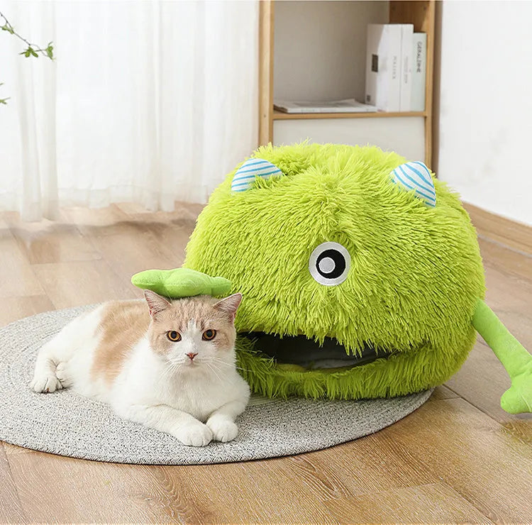 Round fluffy plush cat bed with non-slip bottom in three size options