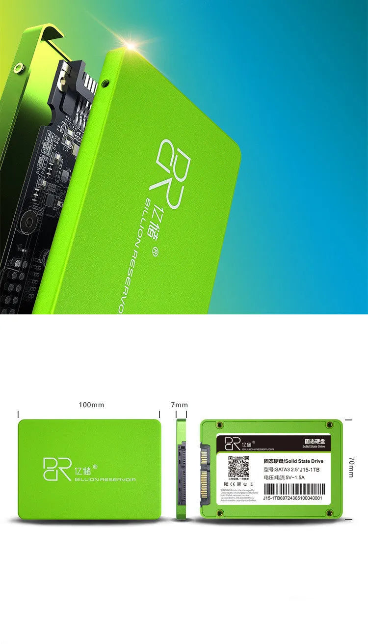 2.5-inch SATA 3.0 solid state drive with black plastic housing showing capacity options