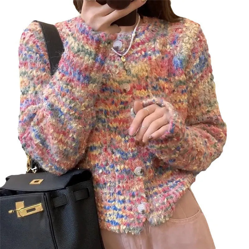 Retro rainbow pattern knitted cardigan sweater in pink and green ice cream colours