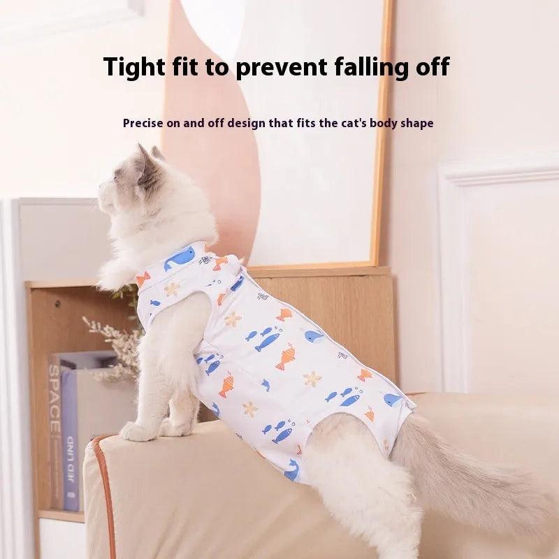 Cat wearing a patterned post-operative sterilisation recovery suit with Velcro closures.