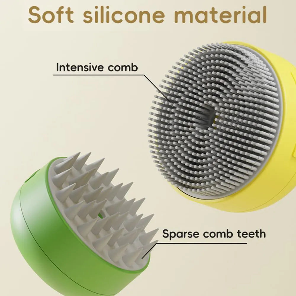 Rechargeable silicone steam brush for cats and dogs in green or yellow with ergonomic handle for removing loose hair.