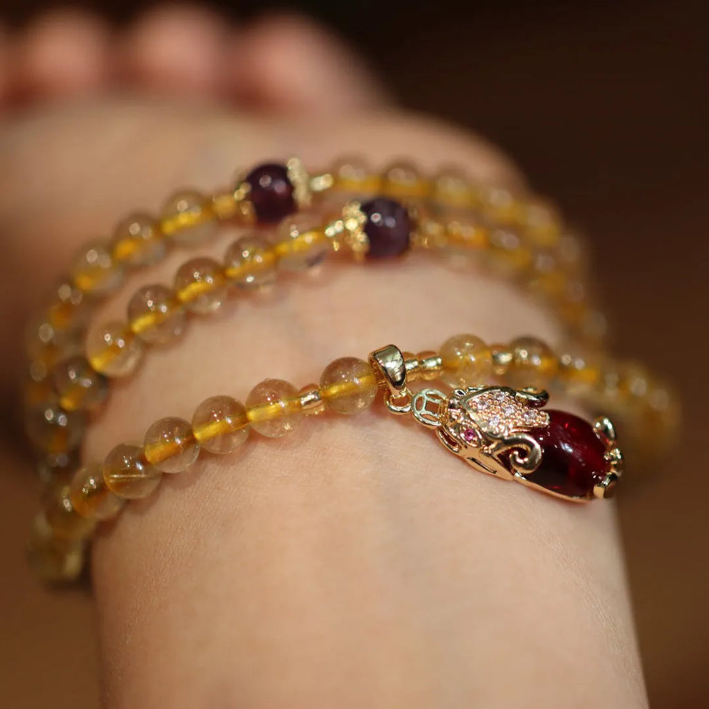 Natural Brazilian gold rutilated quartz bracelet with three circles and chopstick pendants in Chinese style
