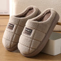 Men's plaid patterned winter slippers with rabbit hair upper and thick EVA sole in brown, coffee, grey colour options.