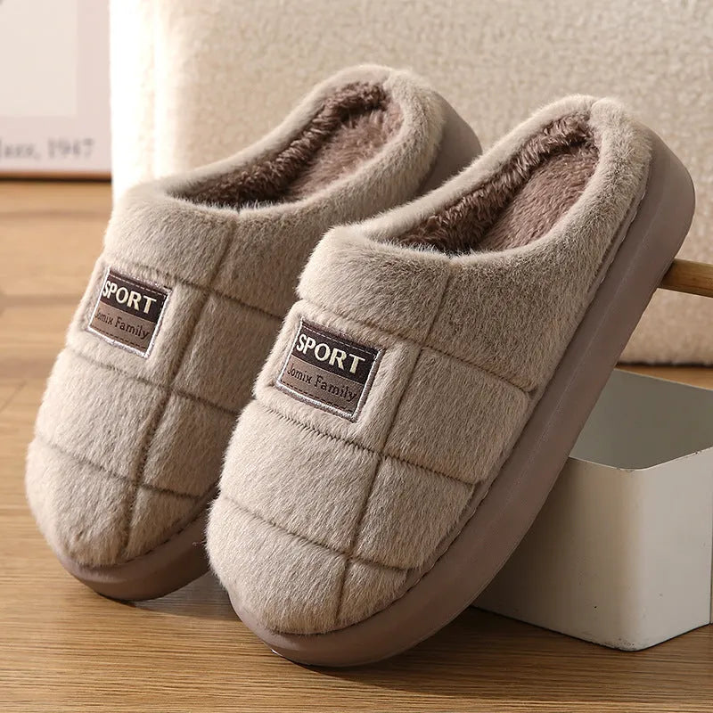 Men's plaid patterned winter slippers with rabbit hair upper and thick EVA sole in brown, coffee, grey colour options.