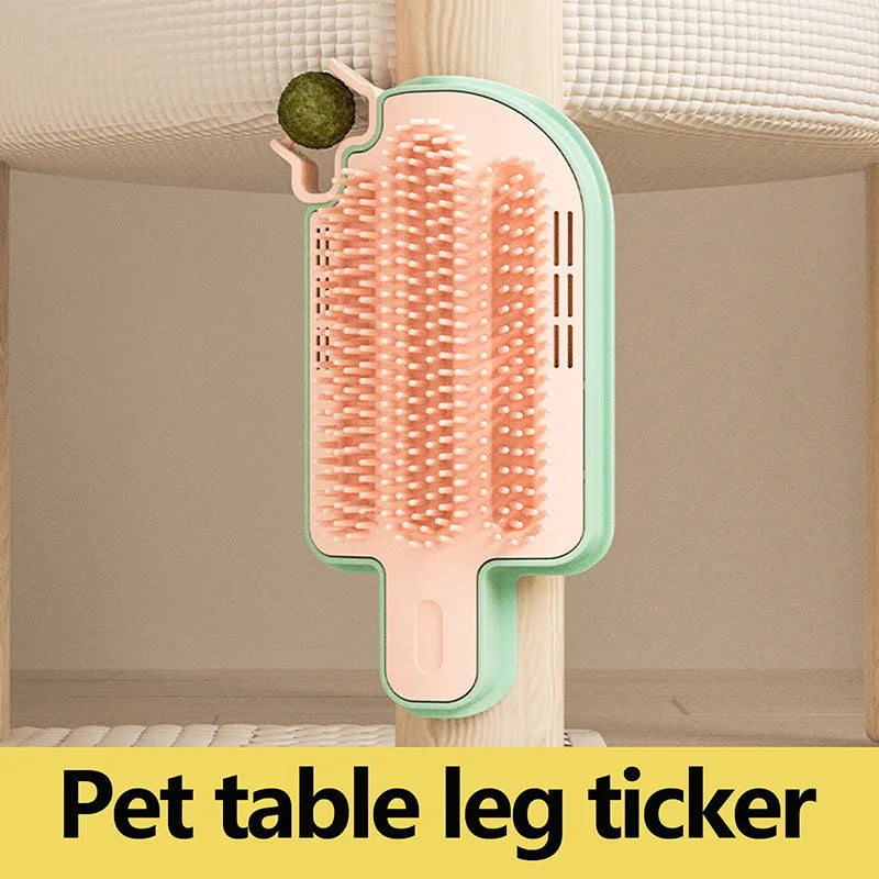 Ice cream cone shaped cat grooming brush with corner rubbing surfaces and attachment options