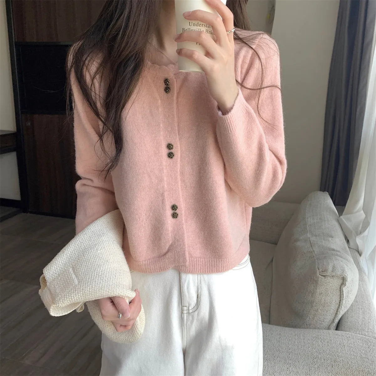 Women's long sleeve acrylic cardigan coat in beige colour