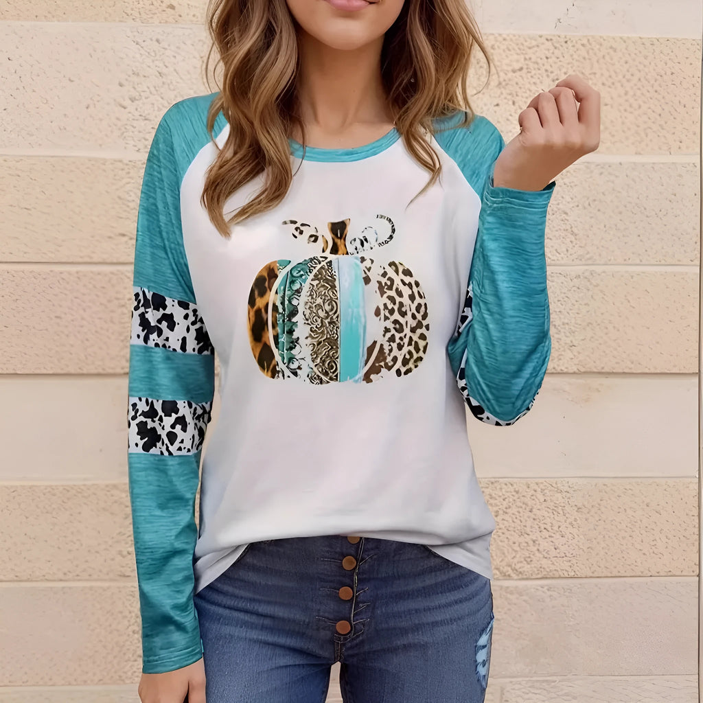 Sky blue Halloween pumpkin digital print t-shirt with long sleeves on mannequin