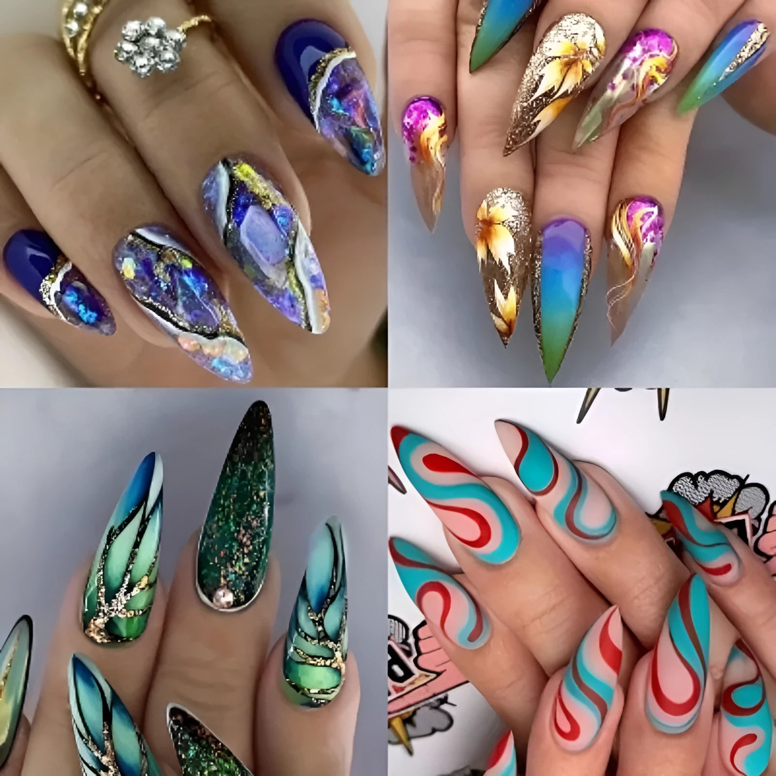 Almond-shaped rainbow nail stickers with colourful lines plaid pattern in four colour variations