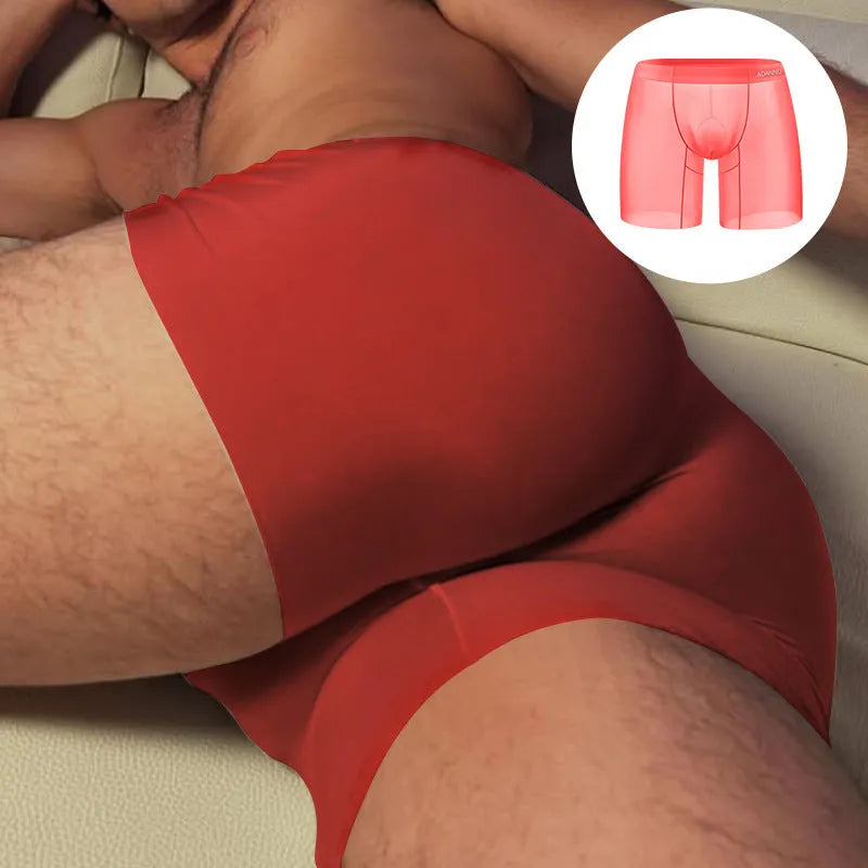 Men's seamless nylon boxer shorts in orange, pink, or red colours with low-waist sports design