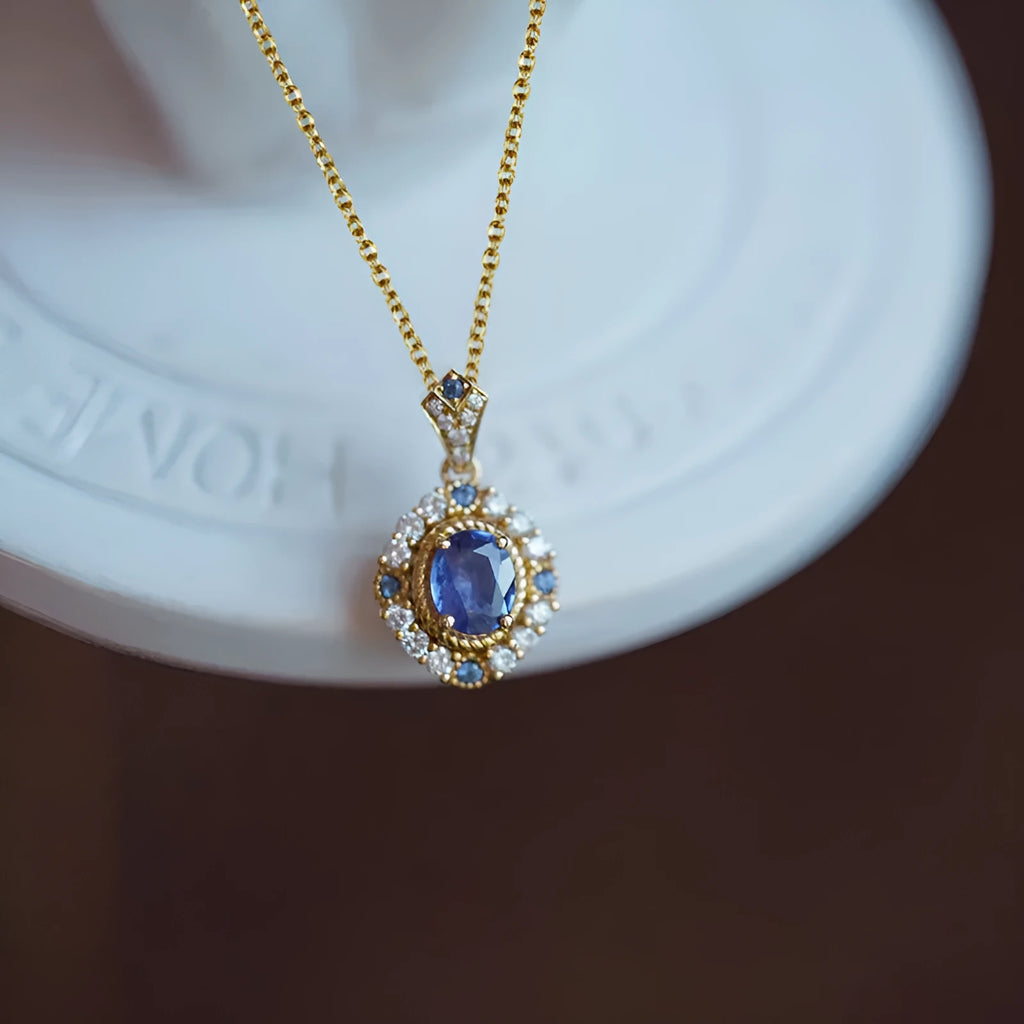 Royal necklace with mixed gem pendant on copper box chain in yellow gold colour