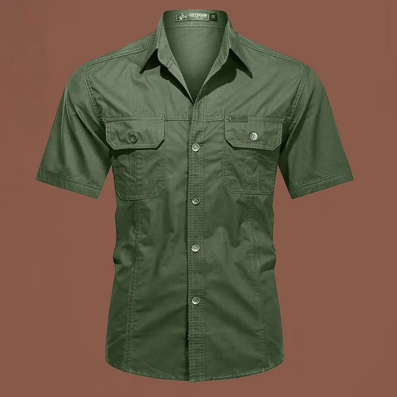 Men's short sleeve cotton work shirt in army green with loose fit design