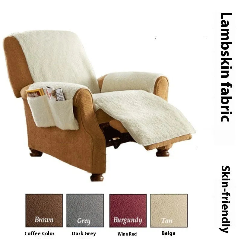 Polyester sofa cushion slipcover in lamb wool beige colour, shown on a sofa.