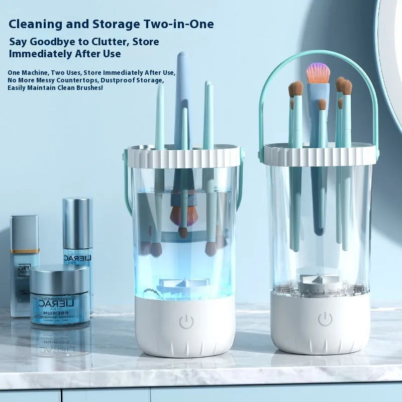 White rechargeable electric makeup brush cleaning tool with USB cable.