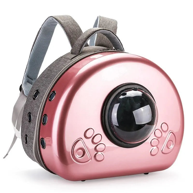 Transparent space capsule cat carrier backpack in PC canvas with metallic front shell