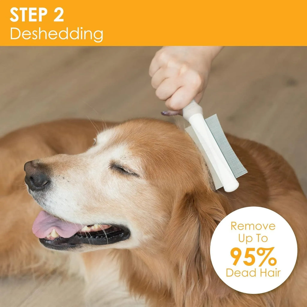 White double-sided pet grooming brush with curved comb and deshedding brush functions