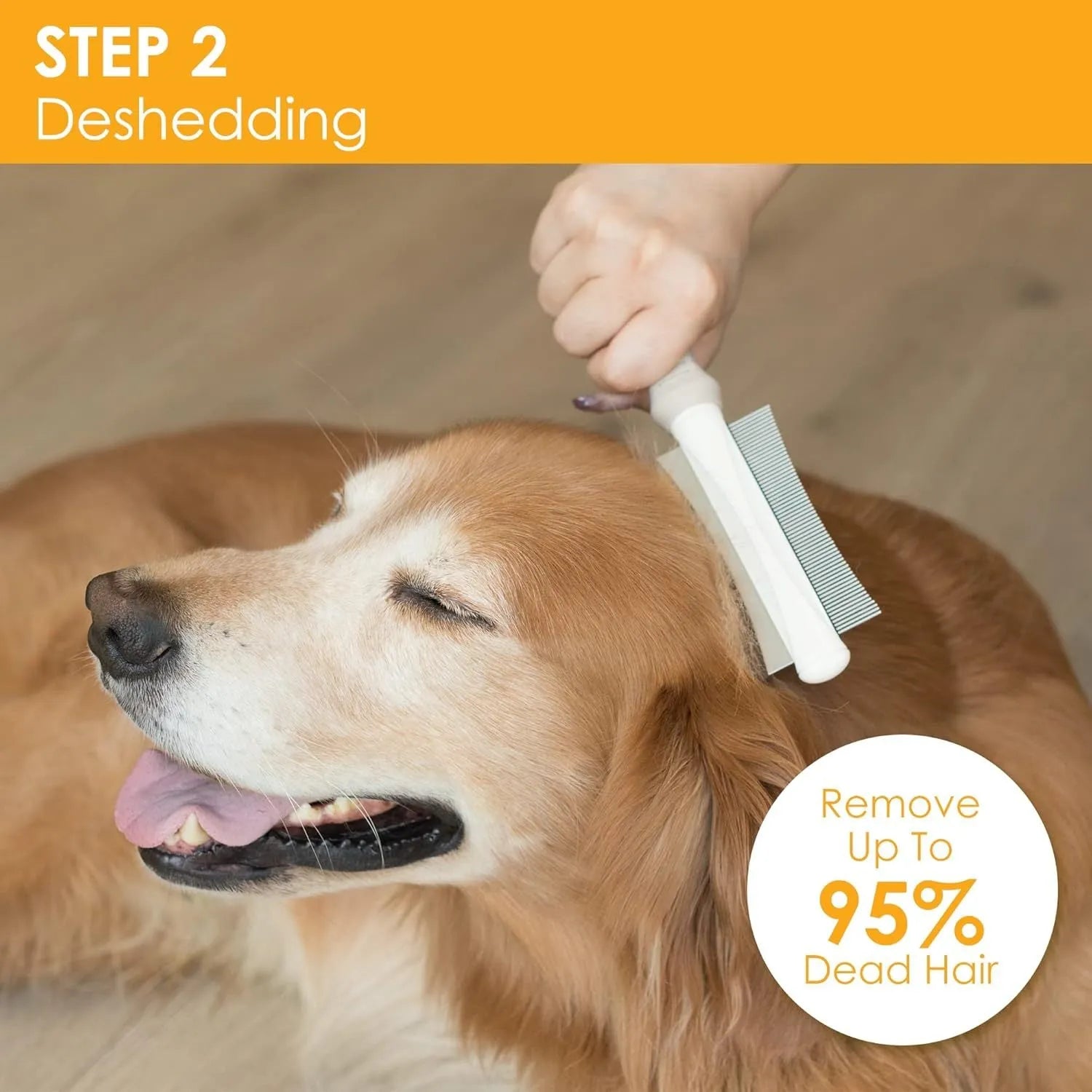 White double-sided pet grooming brush with curved comb and deshedding brush functions