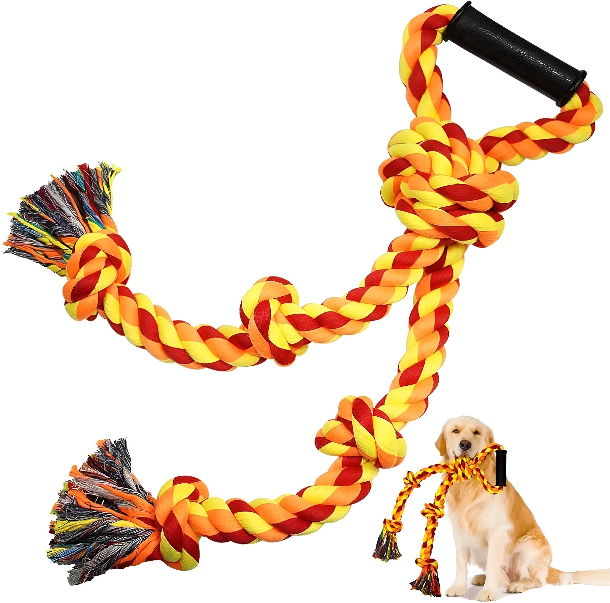 Blue and yellow cotton rope dog toy with ergonomic handles for tug-of-war games