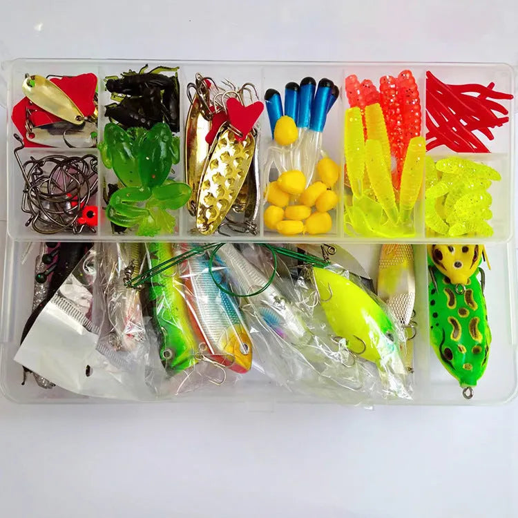 142-piece fishing lure set showing hard minnow lures, metal sequins, plastic superbait, and fishing pliers
