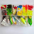 142-piece fishing lure set showing hard minnow lures, metal sequins, plastic superbait, and fishing pliers