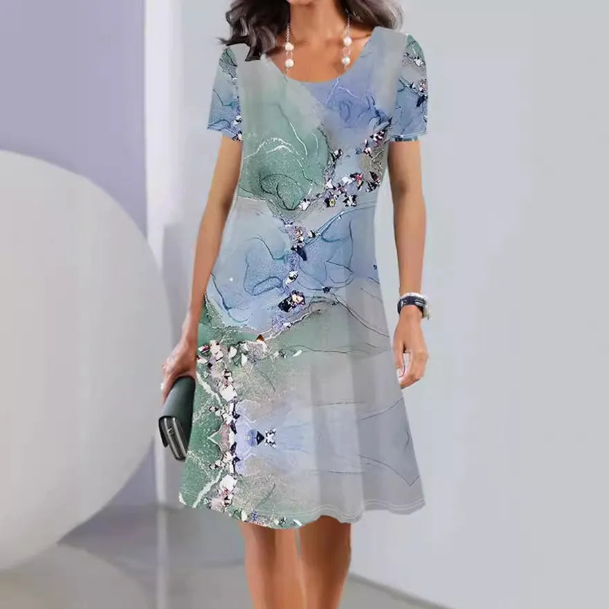 Floral print A-line summer dress in ice silk polyester fabric with short sleeves
