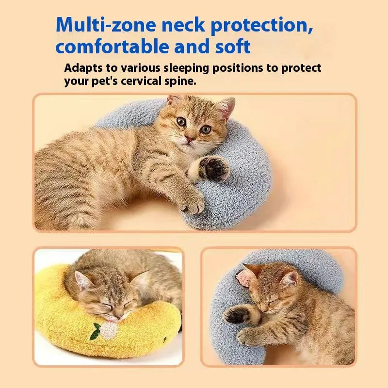 Cat sleeping mat with U-shaped neck pillow in blue colour with question mark design