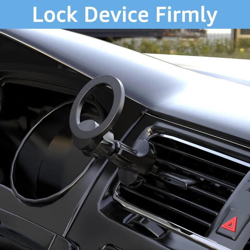 Black magnetic car air vent phone holder with O-ring clip for mobile phones up to 6.8 inches.