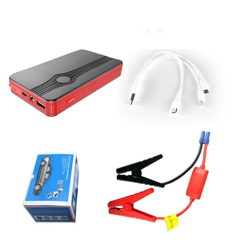 Red K4-E automotive emergency jump starter and power bank unit with USB cable