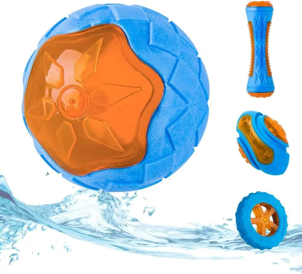 TPR dog toy set with ball, barbell, and tires floating in water