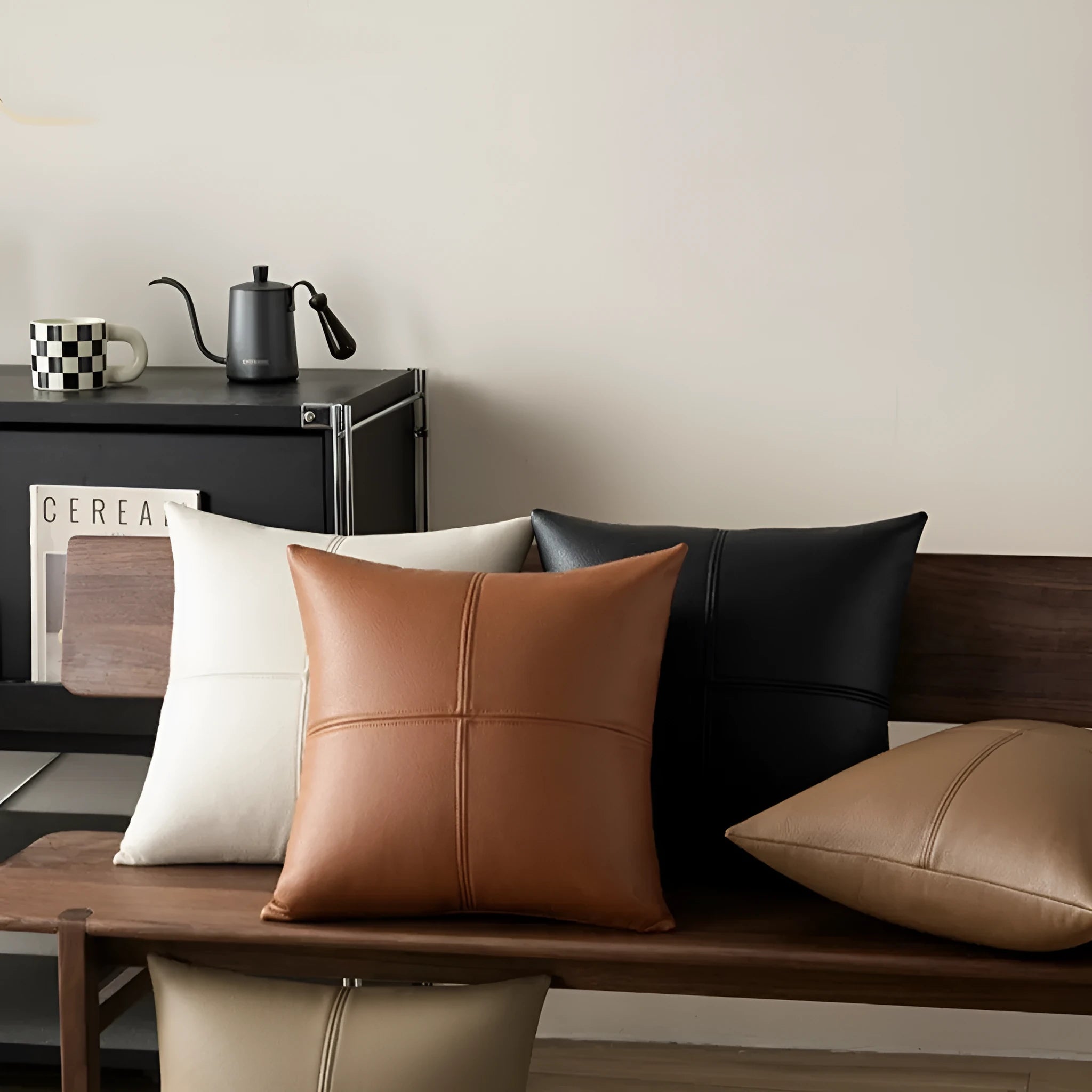 Solid colour soft cowhide leather pillow cover in Nordic style on a sofa.
