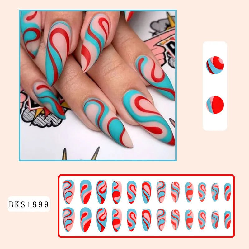 Almond-shaped rainbow nail stickers with colourful lines plaid pattern in four colour variations
