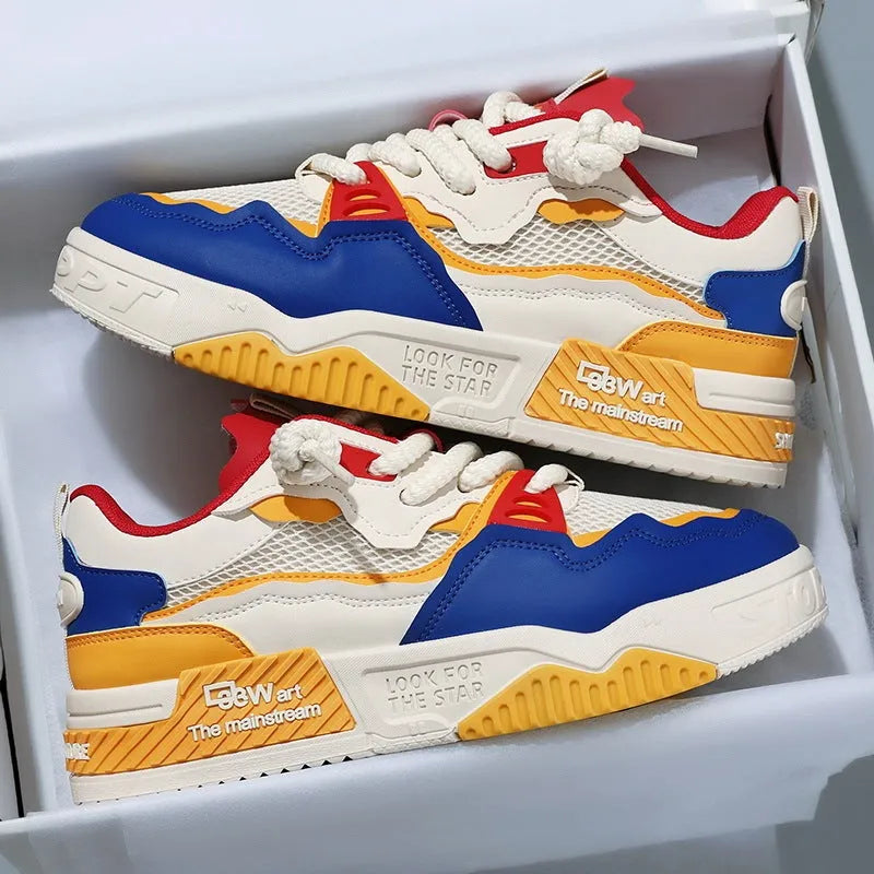 Men's white low-top board shoes with colour-matched details and rubber soles
