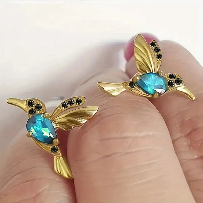 Bird hanging long drop earrings with mixed zirconium wings in red, blue, and red lvzuan colour options