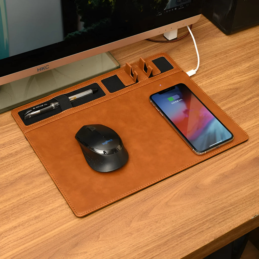 Wireless charging mouse pad with mobile phone holder in PU leather, 320mm x 260mm size