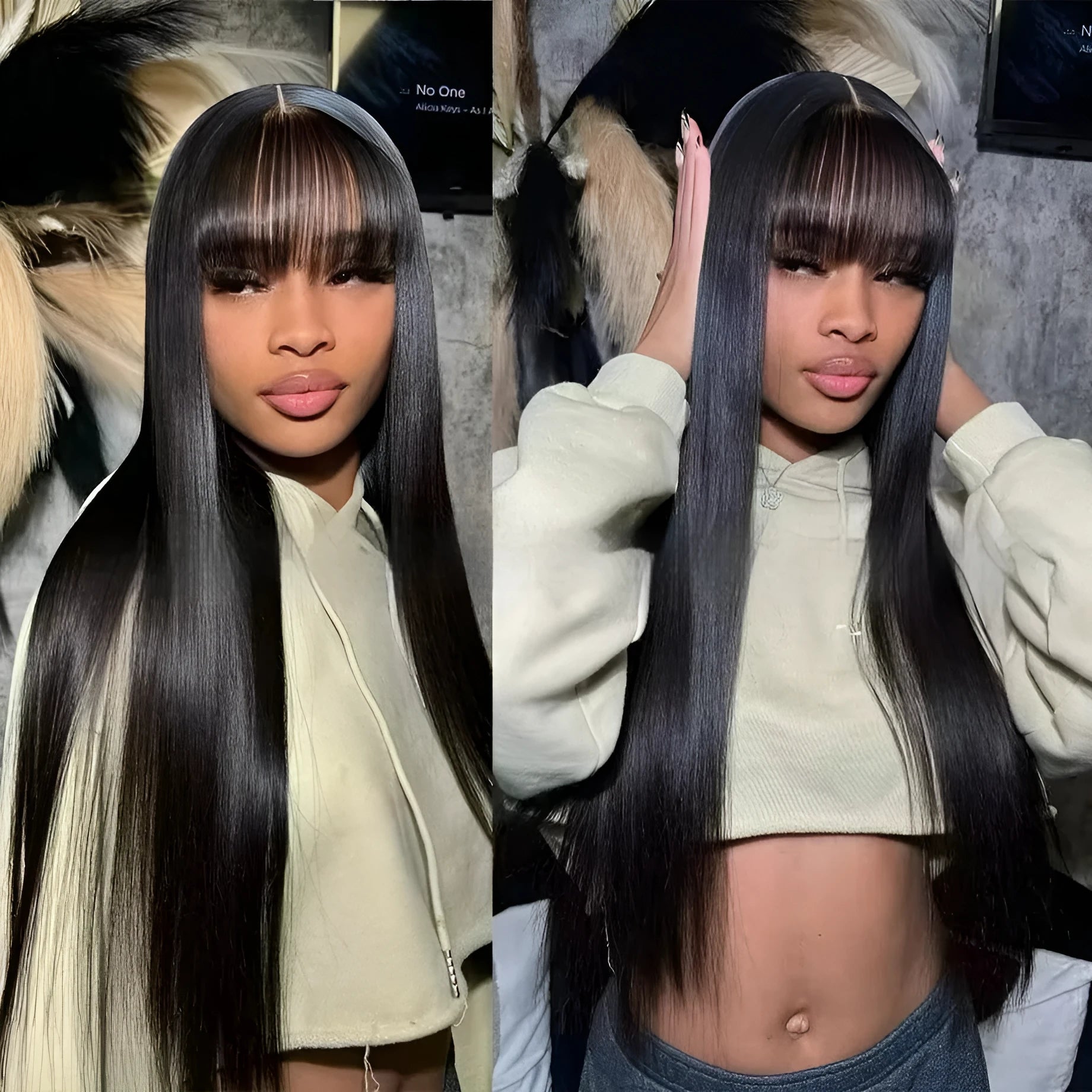 Women's natural colour human hair wig with full lace cap construction showing length options
