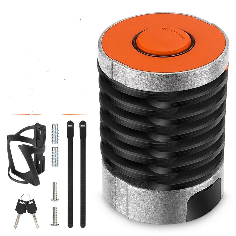 Folding bicycle lock in black orange colour showing collapsed and extended positions