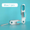 Blue portable pet water bottle with foldable silicone drinking bowl extended, showing carry handle.