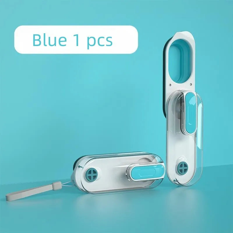 Blue portable pet water bottle with foldable silicone drinking bowl extended, showing carry handle.