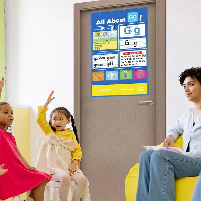 Alphabet learning sleeve table chart with word, letter, and picture cards on a flannel surface.