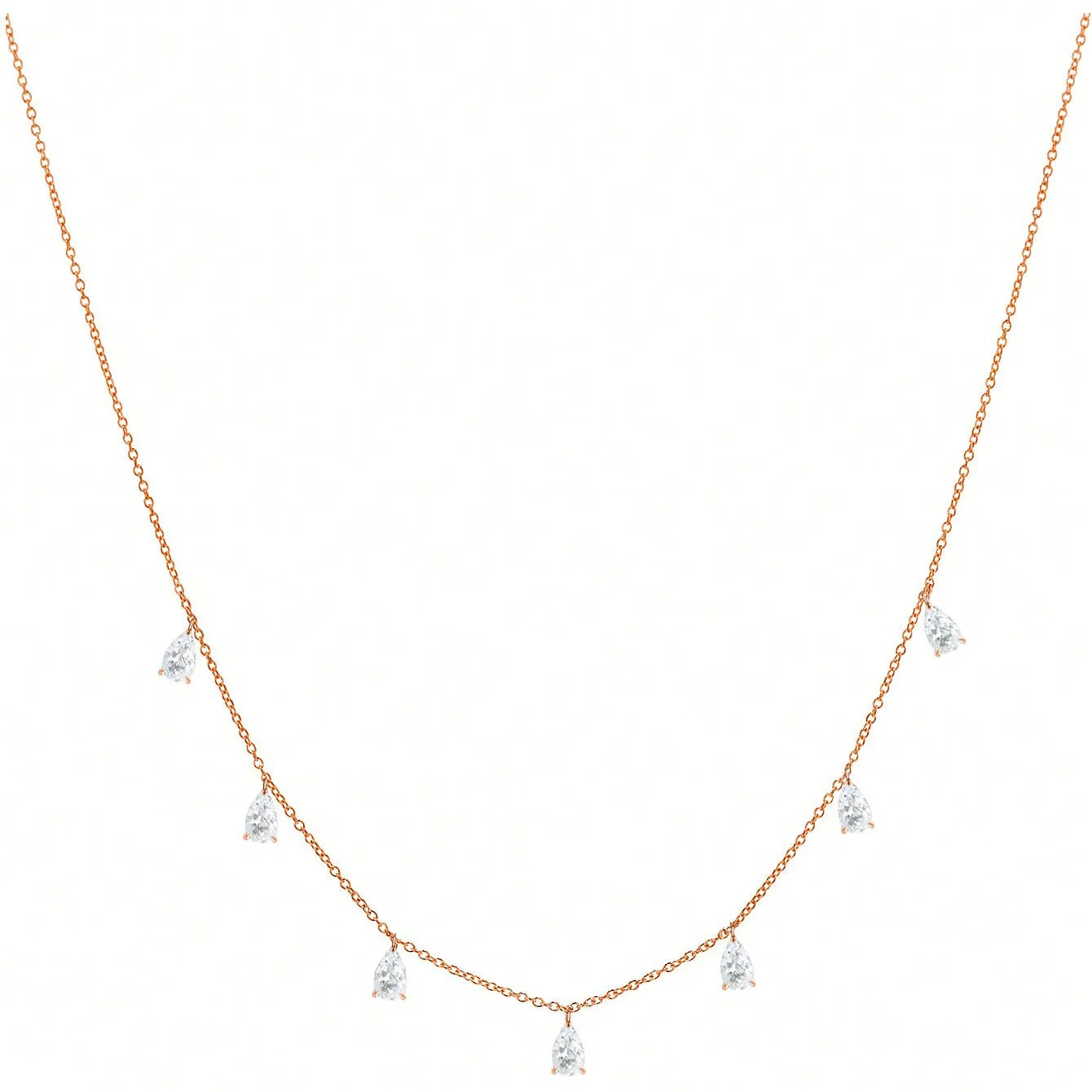 Sterling silver necklace with drop-shaped artificial zircon pendant on adjustable chain in silver, rose gold, and golden yellow finishes