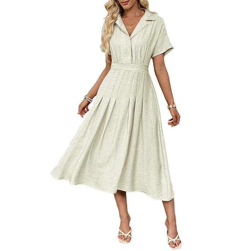 Light green women's twill shirt dress with lapel collar and waist-tight skirt design