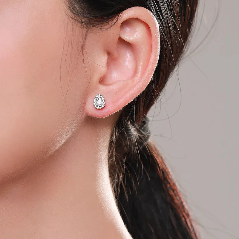 Women's 925 sterling silver drop ear studs with water drop shape and diamond treatment